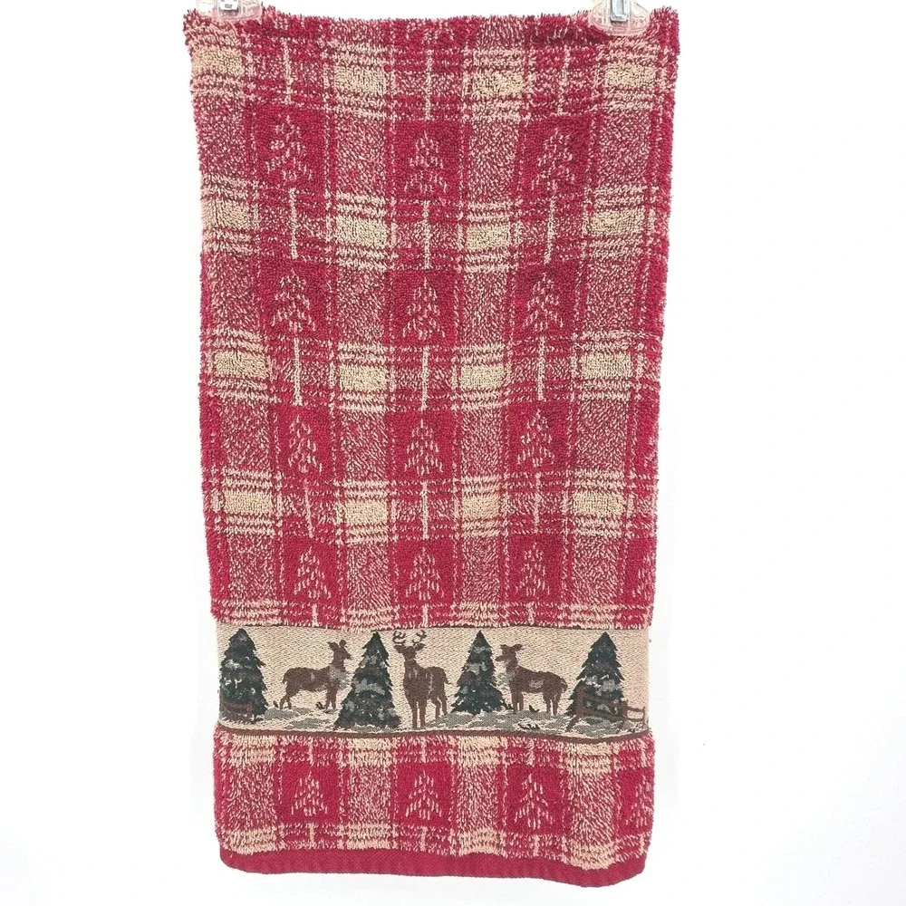 Vintage Santens Plaid Christmas Deer Trees Red Tan Jacquard Bath Towel Cotton
